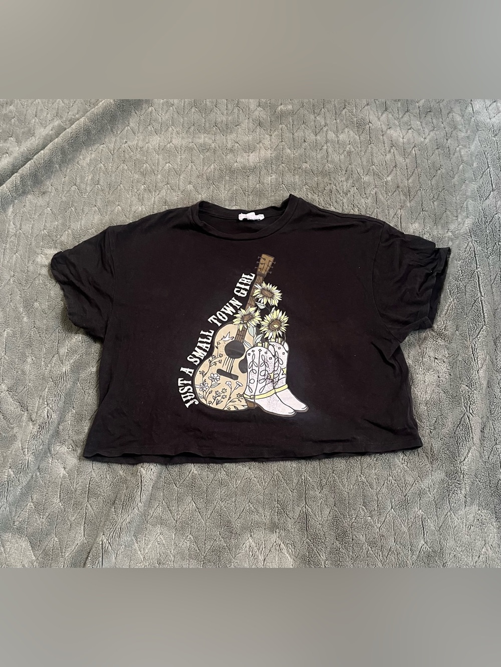Women’s Black Crop Top with Guitar & Sunflower Graphic